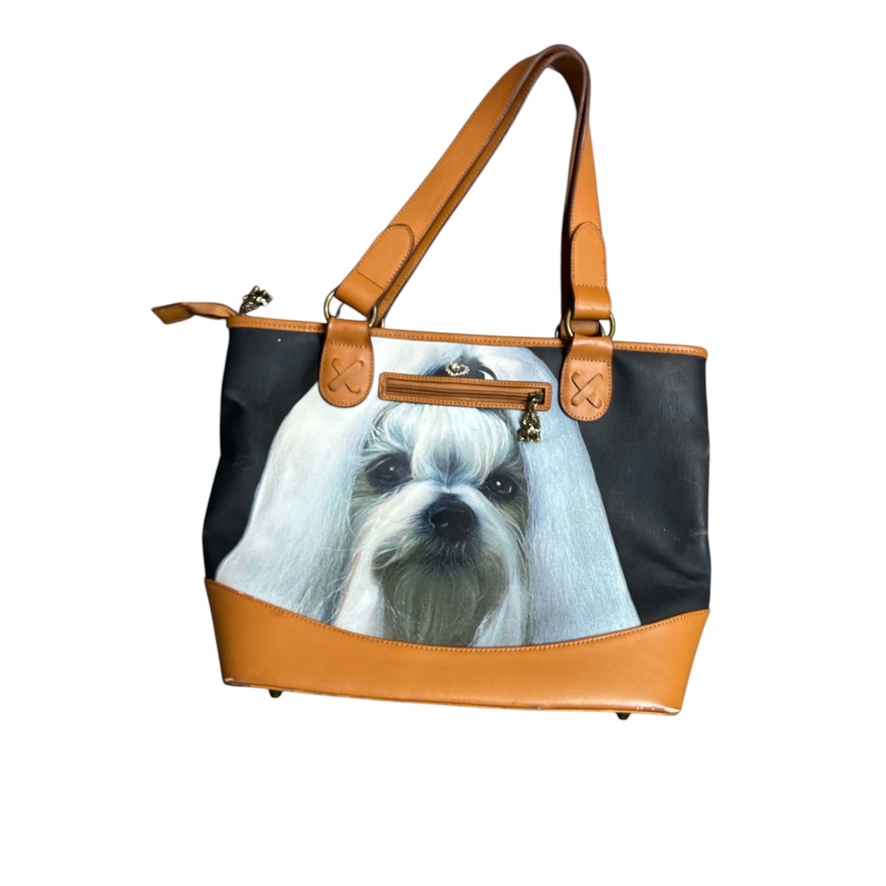 Ardleigh Elliot Maltese  Dog Portrait Tote Bag  Faux Leather‎ Trim Shoulder Bag
